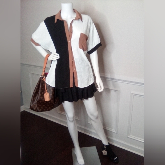 Colorblock Women's Shirt - Black, White, and Brown - Picture 16 of 16